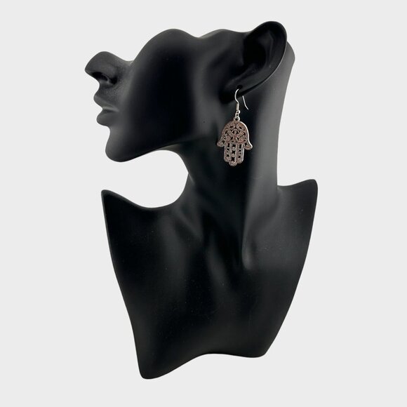 Antiqued Silver Tone Hamsa Hand Earrings Stainless Steel French Hooks - Picture 3 of 7